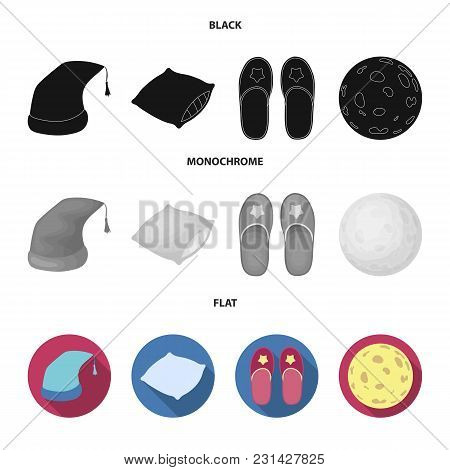 Night Cap, Pillow, Slippers, Moon. Rest And Sleep Set Collection Icons In Black, Flat, Monochrome St