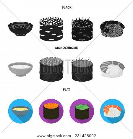 Bowl Of Soup, Caviar, Shrimp With Rice. Sushi Set Collection Icons In Black, Flat, Monochrome Style 