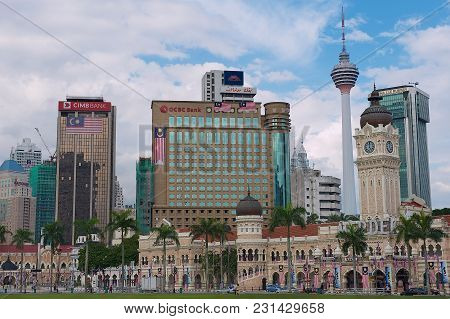 Kuala Lumpur, Malaysia - August 29, 2009: View To The Sultan Abdul Samad Building With Modern Buildi
