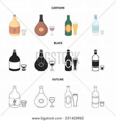 Tequila, Cognac, Beer, Vodka.alcohol Set Collection Icons In Cartoon, Black, Outline Style Vector Sy