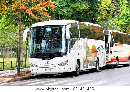 Paris, France - August 8, 2014: Touristic Coach Bus Irizar Century In The City Street.