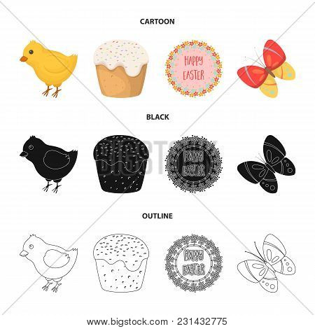 Easter Cake, Chicken, Butterfly And Greeting Sign.easter Set Collection Icons In Cartoon, Black, Out