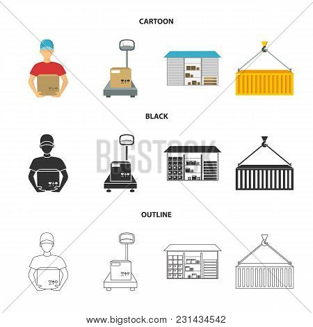 Courier, Scales, Container, Warehouse.logistic, Set Collection Icons In Cartoon, Black, Outline Styl