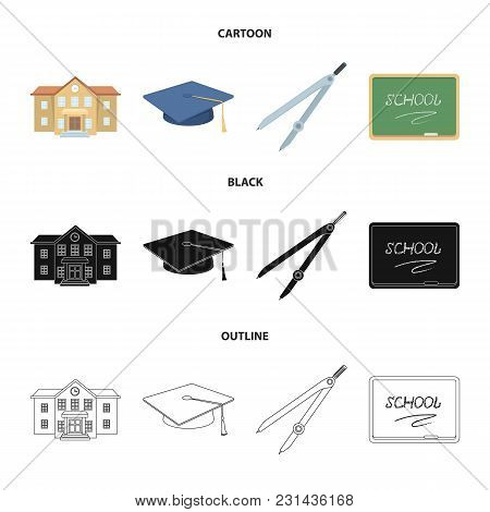 School Building, College With Windows, A Master Or Applicant Hat, Compasses For A Circle, A Board Wi