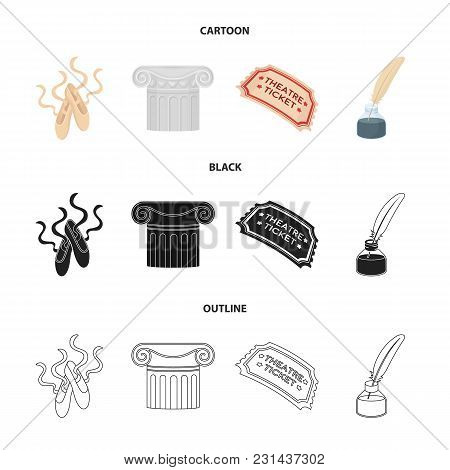 Pointe Shoes, Column, Theater Ticket, Inkwell With Feather. Theater Set Collection Icons In Cartoon,