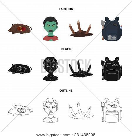 Zombies And Attributes Cartoon, Black, Outline Icons In Set Collection For Design. Dead Man Vector S