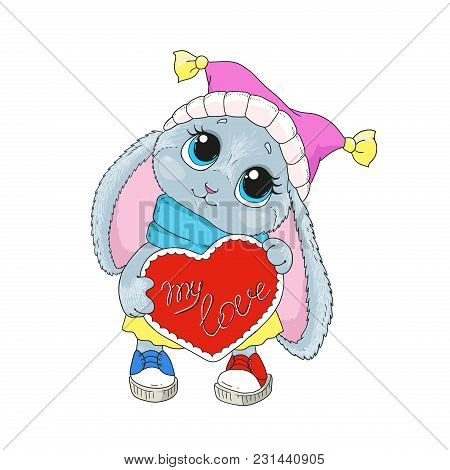 Little Fluffy Rabbit Doodle. Lovely Bunny In A Hat. Congratulations On Valentine's Day. Rabbit With 