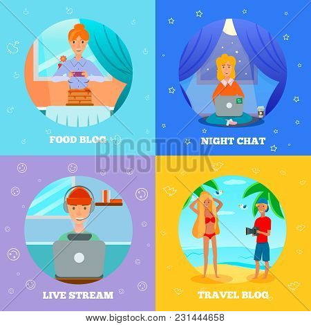 Bloggers Characters Popular Topics 4 Flat Icons Square Concept With Food Cooking Travel Night Chat V