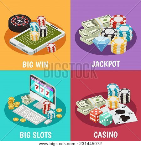Casino 2x2 Design Concept Lottery Slot Machines Isometric Vector Illustration