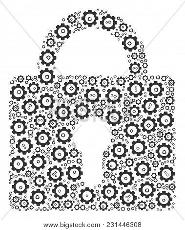 Lock Mosaic Of Gear Elements. Vector Gearwheel Objects Are Combined Into Lock Pattern.