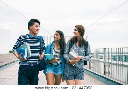 Cheerful Classmates With Texbooks Talking And Walking Outdoors