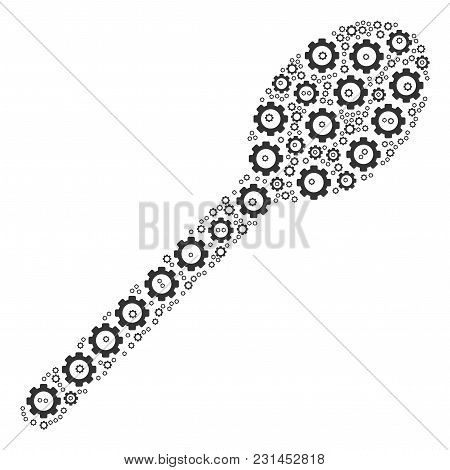 Spoon Collage Of Gear Icons. Vector Cogwheel Elements Are United Into Spoon Composition.