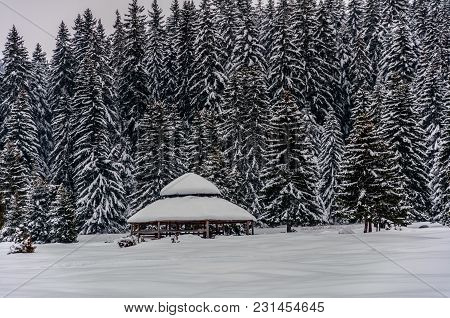 Small House Covered By Snow On The Igman Mountain In Bosnia And Herzegovina