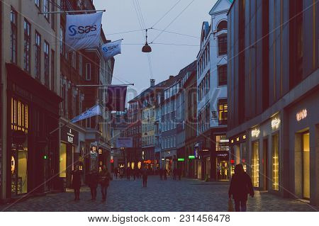 Copenhagen, Denmark - March 11th, 2018: Architecture And Details Of Stroget The Main Shopping Street