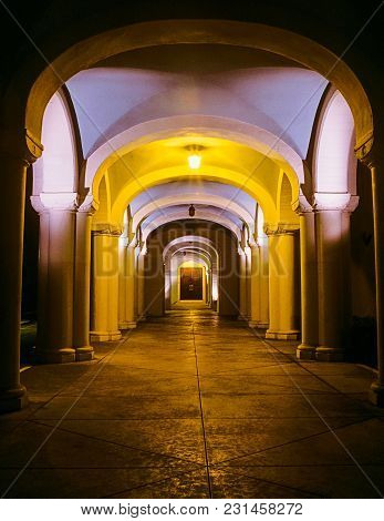 Architectural Detail Of Columns And Arches With Color Lights
