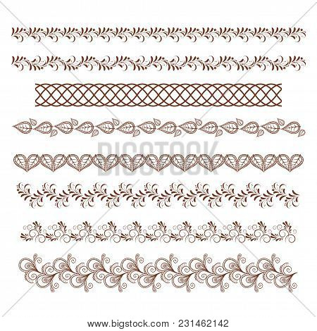 Set Of Decorative Seamless Borders With Abstract Floral Elements. Vector Illustration.