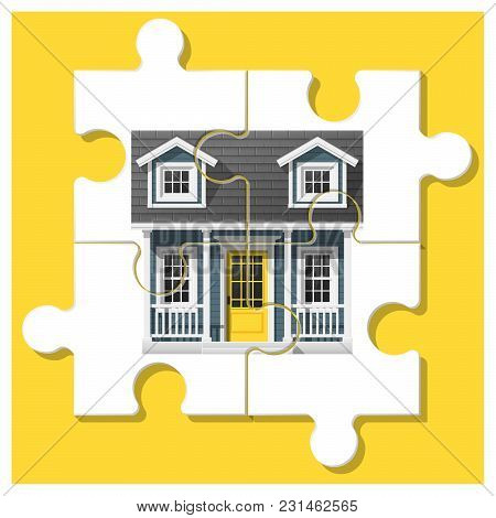 Dream House Concept With Completed Puzzle House On Colorful Background , Vector , Illustration