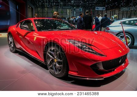 Geneva, Switzerland - March 7, 2018: Ferrari 812 Superfast Sports Car Shown At The 88th Geneva Inter