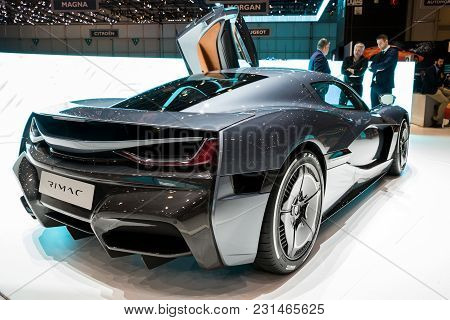 Geneva, Switzerland - March 7, 2018: Rimac C Two Electric Hypercar Presented At The 88th Geneva Inte