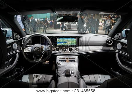 Geneva, Switzerland - March 7, 2018: Interior Of The New Mercedes Benz E300 Diesel Hybrid Car Presen