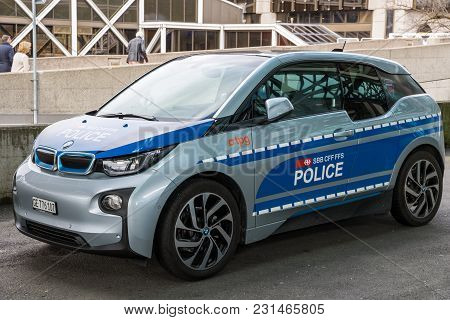 Geneva, Switzerland - March 7, 2018: Electic Bmw I1 Swiss Transport Police Car At The Geneva Airport