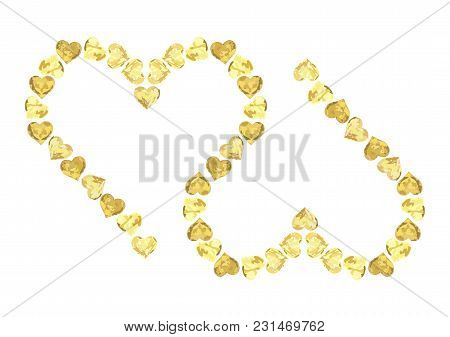 Two Inverted Hearts. Golden Glittering Valentines Heart Made Of Small Gold Hearts On White Backgroun