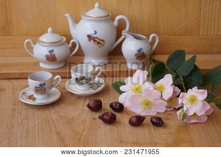 Medicinal Plants - Eglantine - Flowers, Fruits And Porcelain Cups