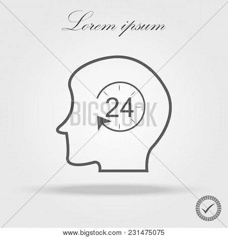 Human Head With 24h Icon Isolated On White Background. Vector Stock.