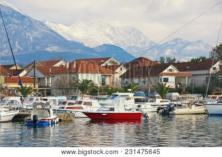 Small Green Town At The Foot Of The Snowy Mountains. Montenegro, View Of Marina Kalimanj In Tivat Ci