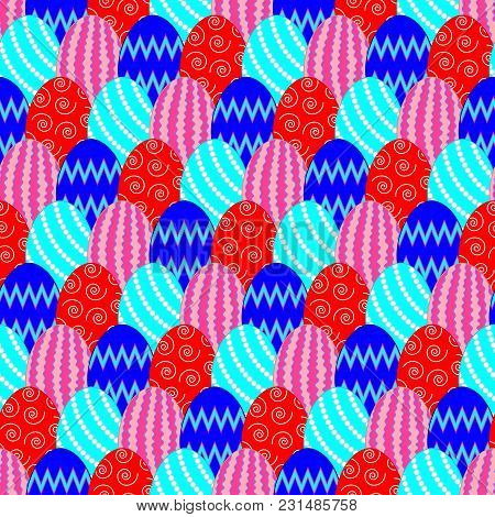 Contrast Seamless Pattern With Easter Eggs. Red And Blue Colors And Their Shades. Pattern With Super