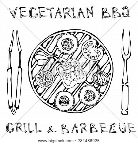Vegetarian Grill. Vegetable Bbq. Picnic And Barbeque Appliances Tongs And Fork. Tomato, Bell Pepper,