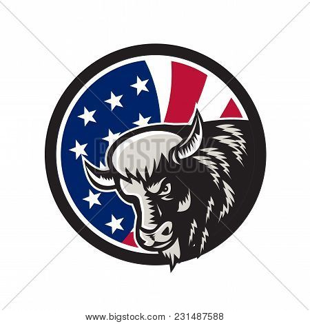 Icon Retro Style Illustration Of A North American Buffalo Or Bison With United States Of America Usa