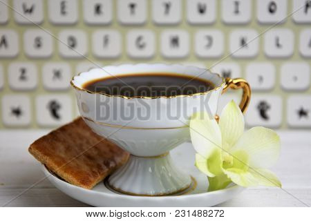 Vintage Coffee Cup With Espresso On A Saucer, Croissant Or Biscuit, Green Orchid Flower And Imitatio