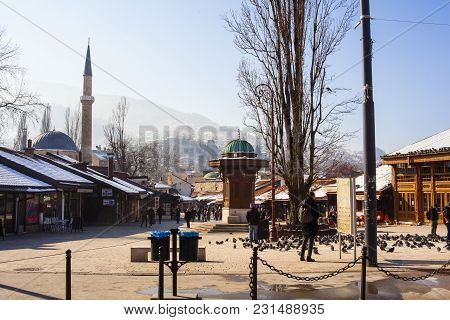 Sarajevo, Bosnia-erzegovina - February, 16:view Of The Sebilj Wooden Fountain And Bascarsijska Dzami