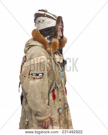 Kamchatka, Russia - Mart 11, 2018: The Woman In The Clothes Of Indigenous People Of Kamchatka On Hol