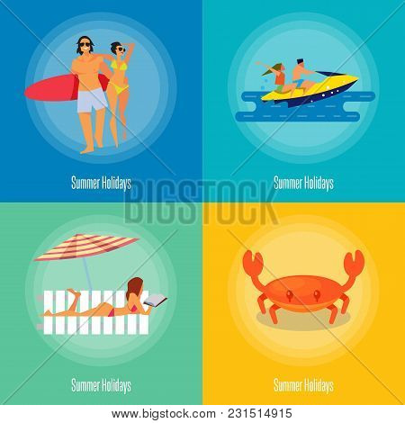 Summer Holidays Vector Illustration. Young Happy Couple Walking On Beach. Couple On Jet Ski. Sexy Gi