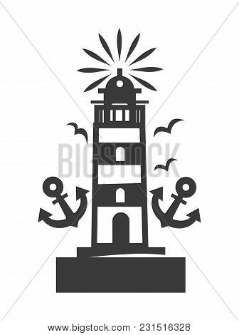 Tall Beacon With Bright Light On Top Surrounded With Gulls And Two Anchors Silhouette. Marine Stripe