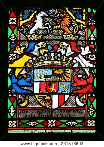ZAGREB, CROATIA - APRIL 07: Coat of arms of Countess Telleki, stained glass in Zagreb cathedral dedicated to the Assumption of Mary in Zagreb on April 07, 2015