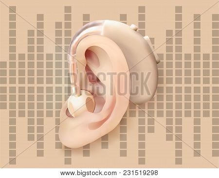 Digital Hearing Aid Behind The Ear, On Background Of Sound Wave Diagram. Treatment And Prosthetics O