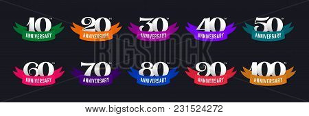 Set Of Anniversary Signs From 10 To 100. Numbers And Color Ribbons On A Dark Background. Stock Vecto