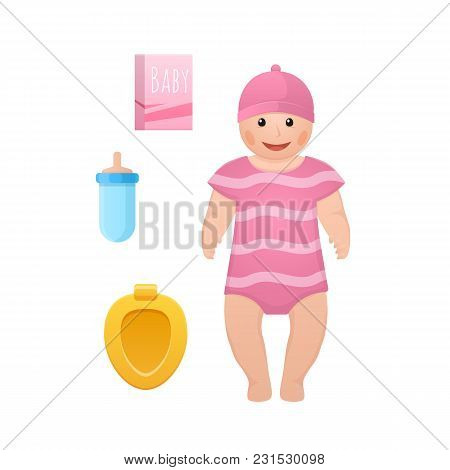 Kids Doll, Children Toys And Accessories Concept. Baby Toy Cartoon Doll, Newborn. Set Of Kids, Acces