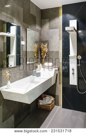 Interiors Shots Of A Modern Bathroom In The Foreground The Shower With Concrete Floor And Toilet Bow