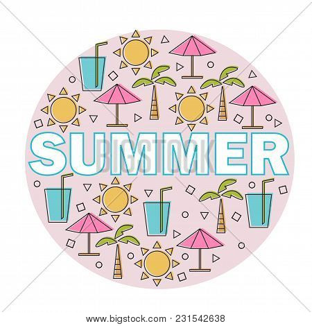 Vector Summer Lettering With Linear Icons And Signs - Travel And Vacation Funny Cartoon Concept
