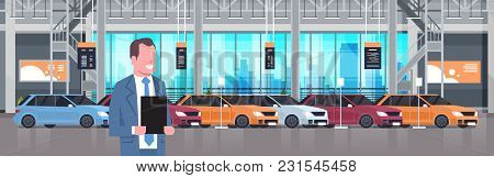 Seller Man In Cars Dealership Center Showroom Interior Over Set Of New Modern Vechicles Horizontal B