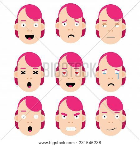 Set Of Emotions, Flat Girl With Pink Hair.