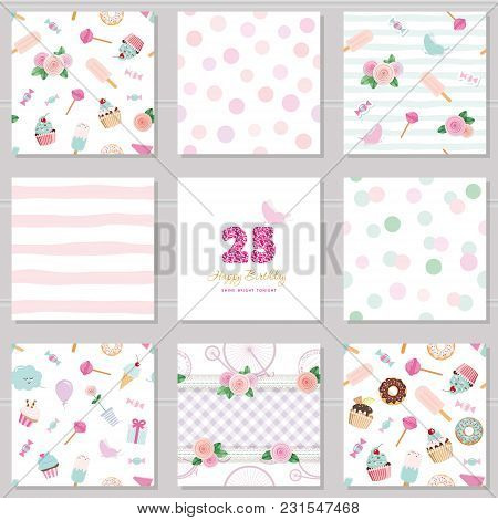 Birthday Templates Set. Cute Seamless Patterns With Sweets And Decotative Elements. For Greeting Car