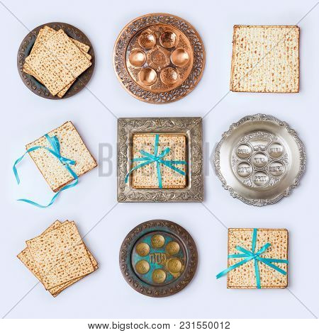 Jewish Holiday Passover Concept With Matzo And Seder Plate On White Background. View From Above. Fla
