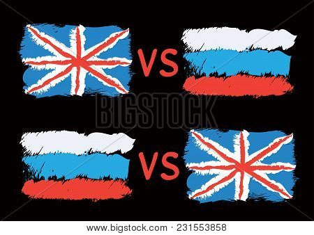 Conflict Between Great Britain And Russia. Rectangular Flags On Dark Background. Cold War Illustrati