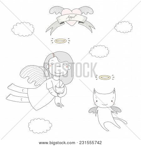 Hand Drawn Vector Illustration Of A Cute Little Angel Girl, Holding Kitten, And Angel Cat, Flying, W