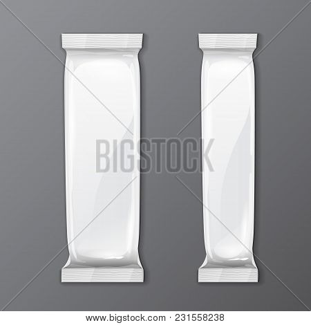 Two White Blank Foil Packaging On Gray Background Sachet Coffee, Salt, Sugar, Pepper Or Spices Stick